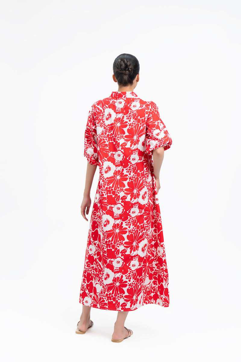 Collared Puff Sleeve Dress - Red White Floral