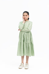 Girls Tie Neck Elastic Waist Dress - Green Floral