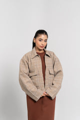 Short Wool Jacket - Beige Grid Check