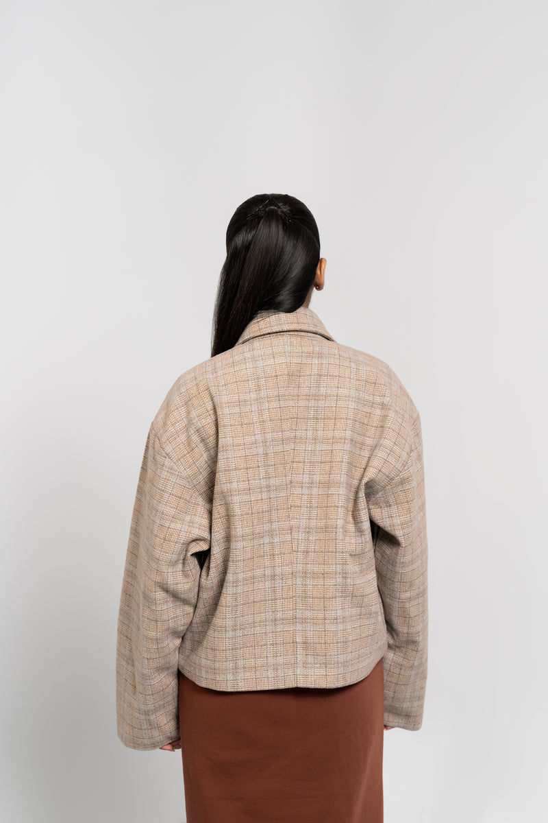 Short Wool Jacket - Beige Grid Check