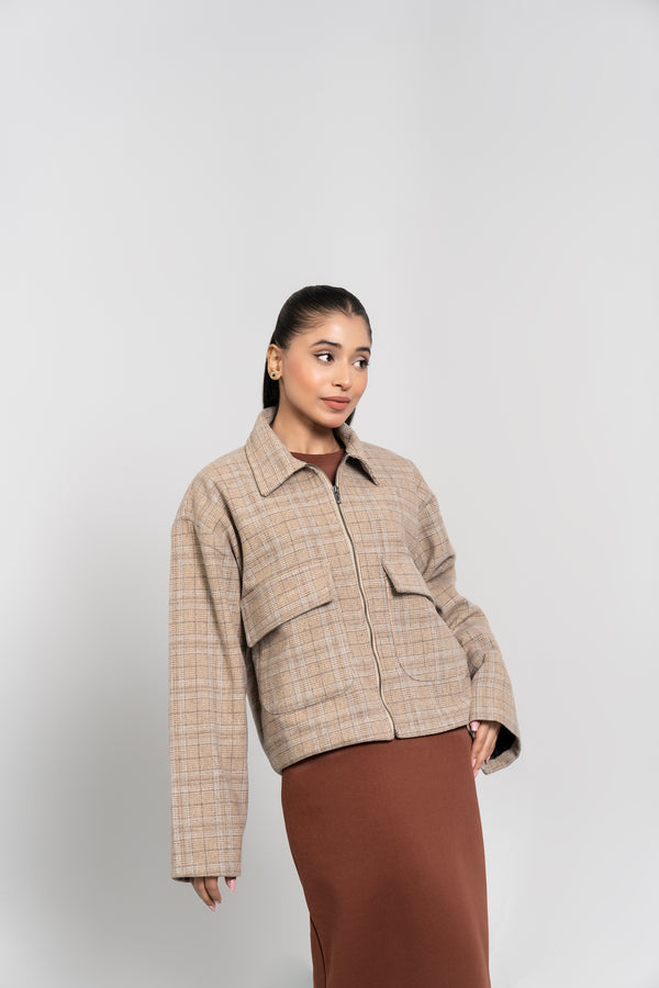 Short Wool Jacket - Beige Grid Check