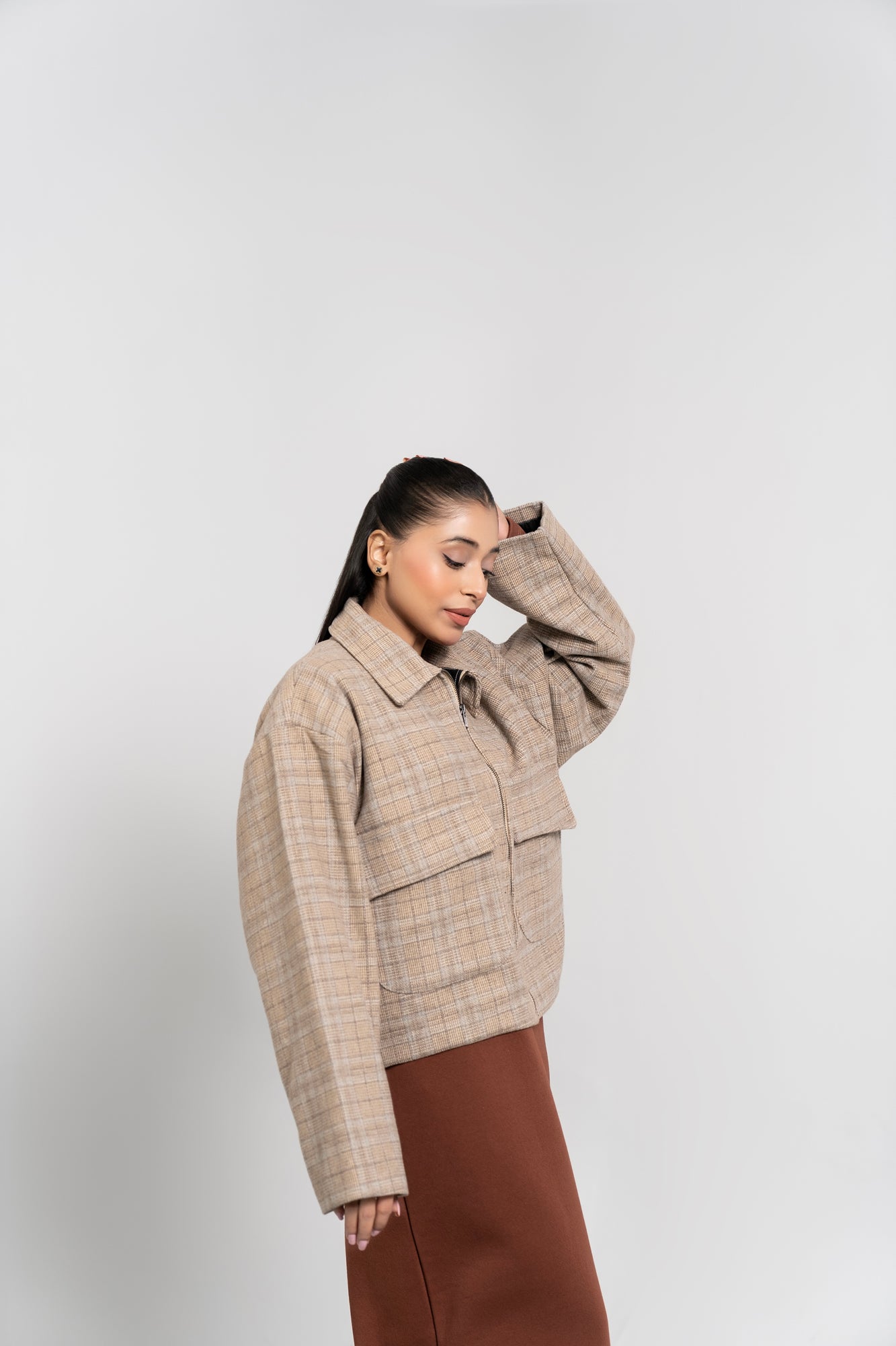 Short Wool Jacket - Beige Grid Check