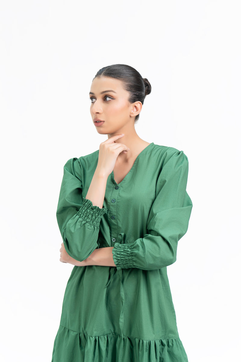 V Neck Dress With Drawcord - Bottle Green