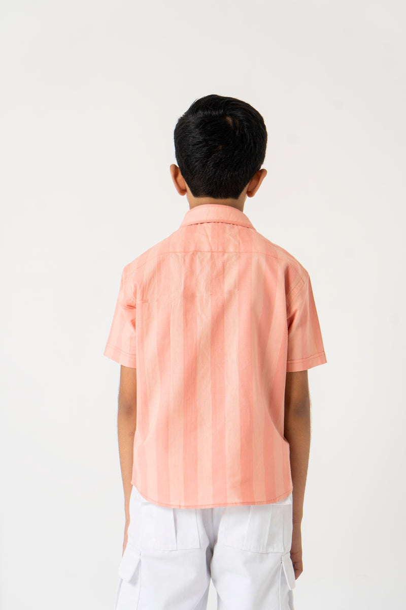 Boys Short Sleeves Button down shirt - Pink & Peach Buffalo Striped