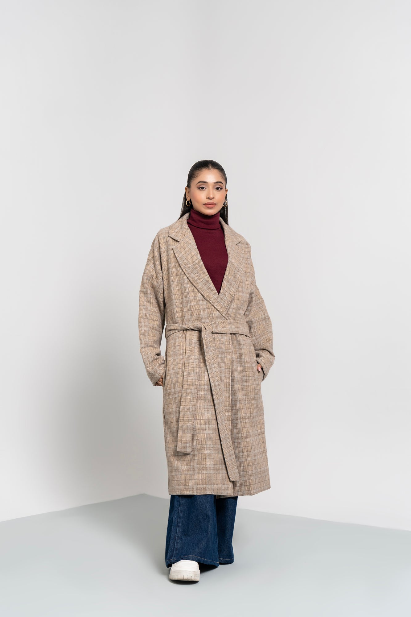 Oversized Belted Wool Coat - Beige Grid Check