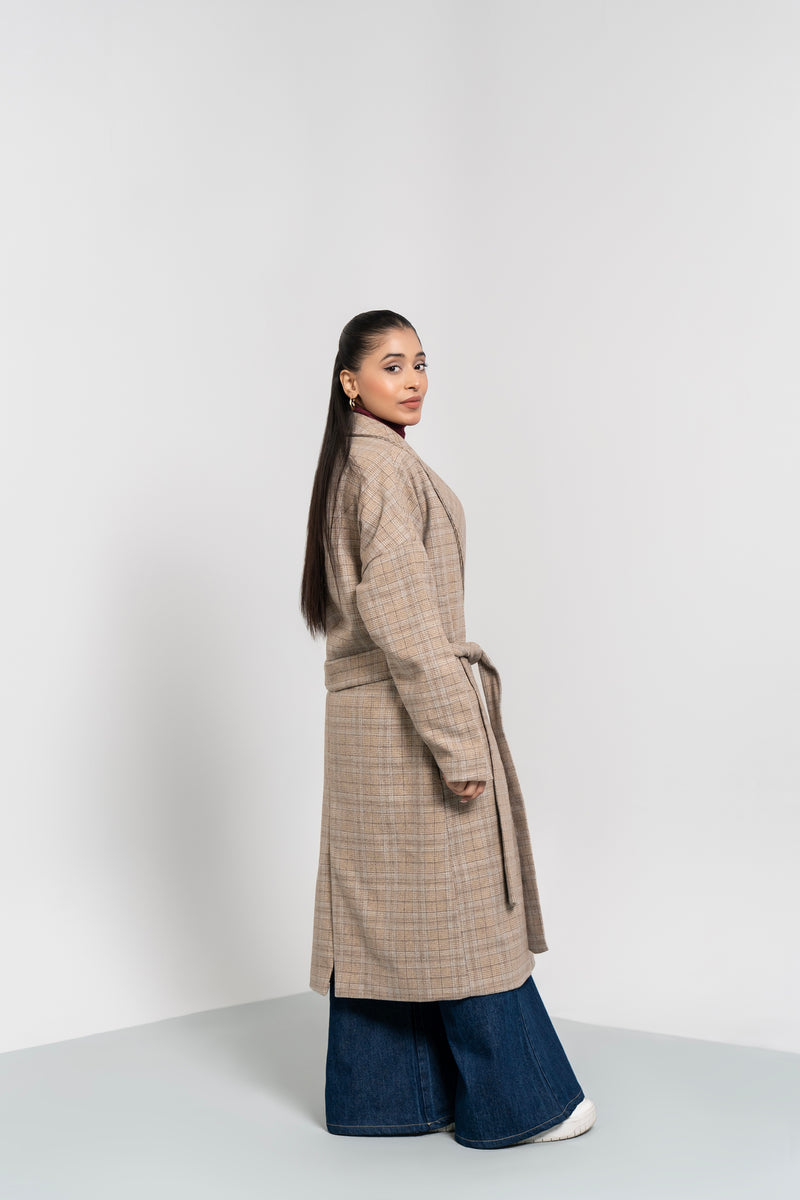 Oversized Belted Wool Coat - Beige Grid Check