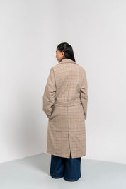 Oversized Belted Wool Coat - Beige Grid Check