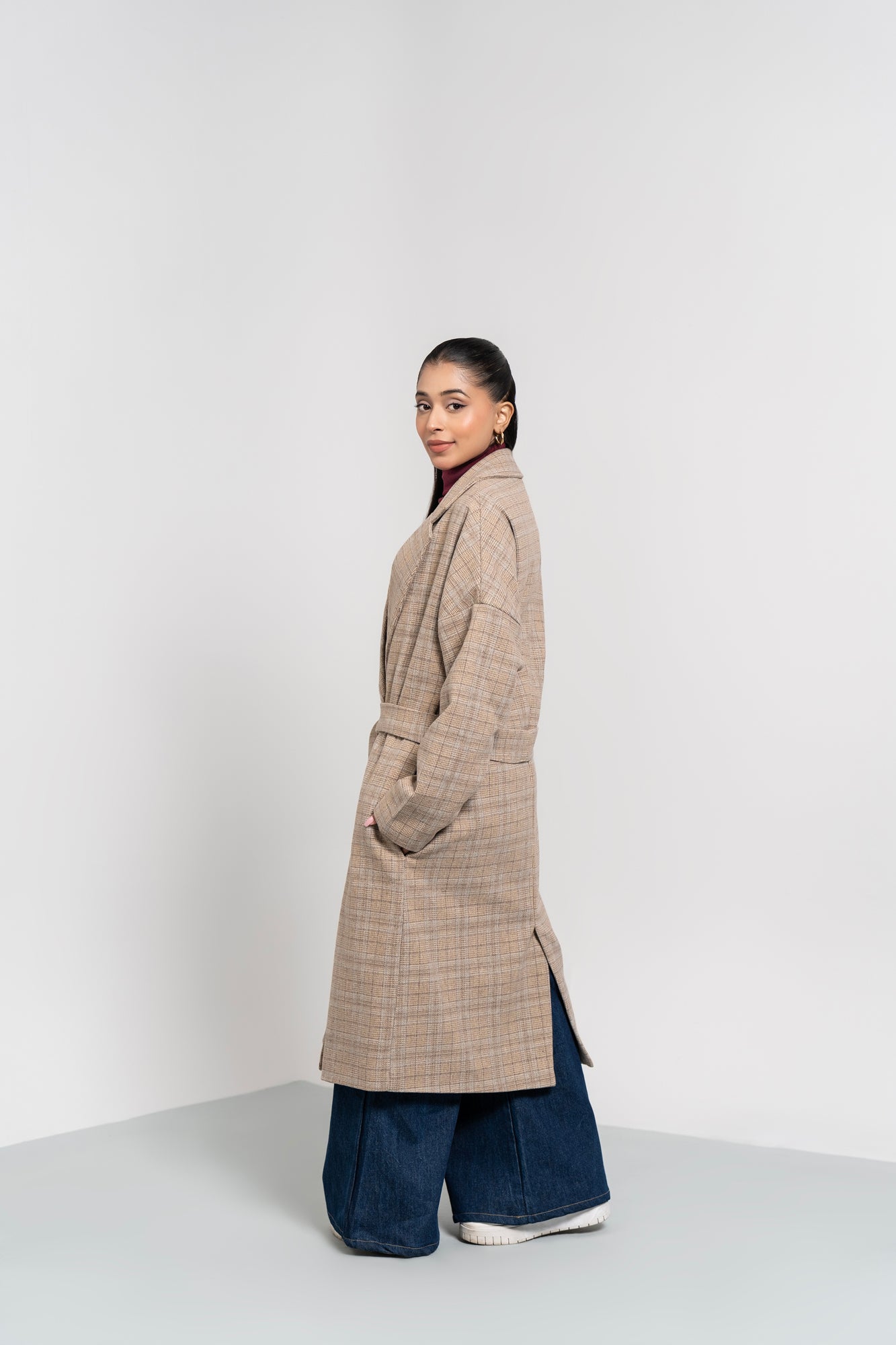 Oversized Belted Wool Coat - Beige Grid Check