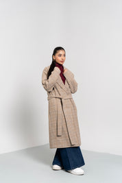 Oversized Belted Wool Coat - Beige Grid Check