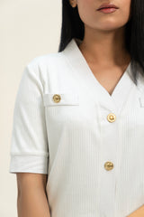 V Neck Top with Golden Button - White