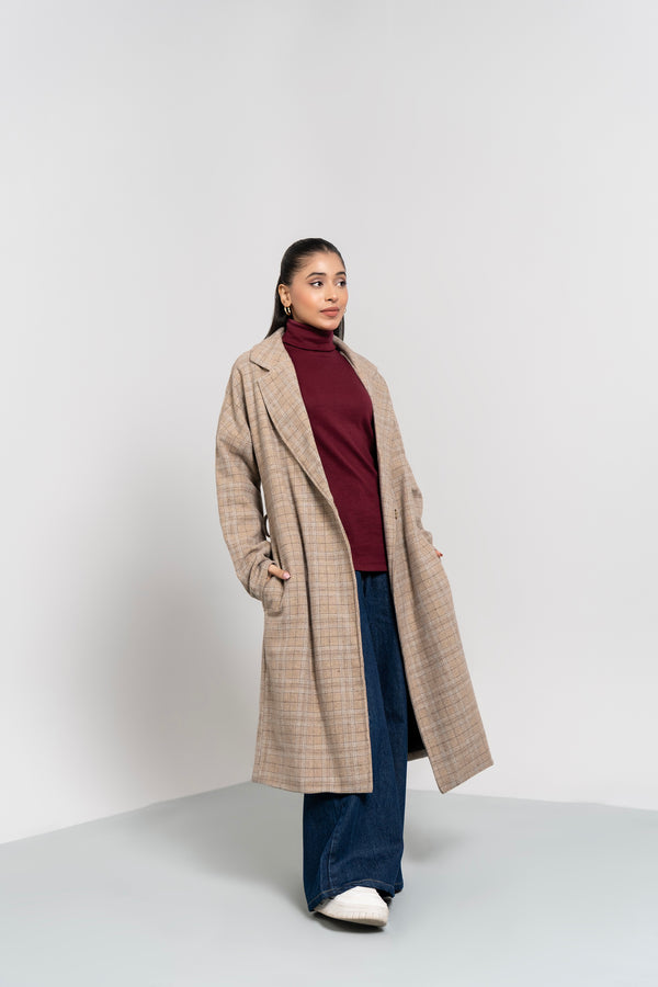 Oversized Belted Wool Coat - Beige Grid Check