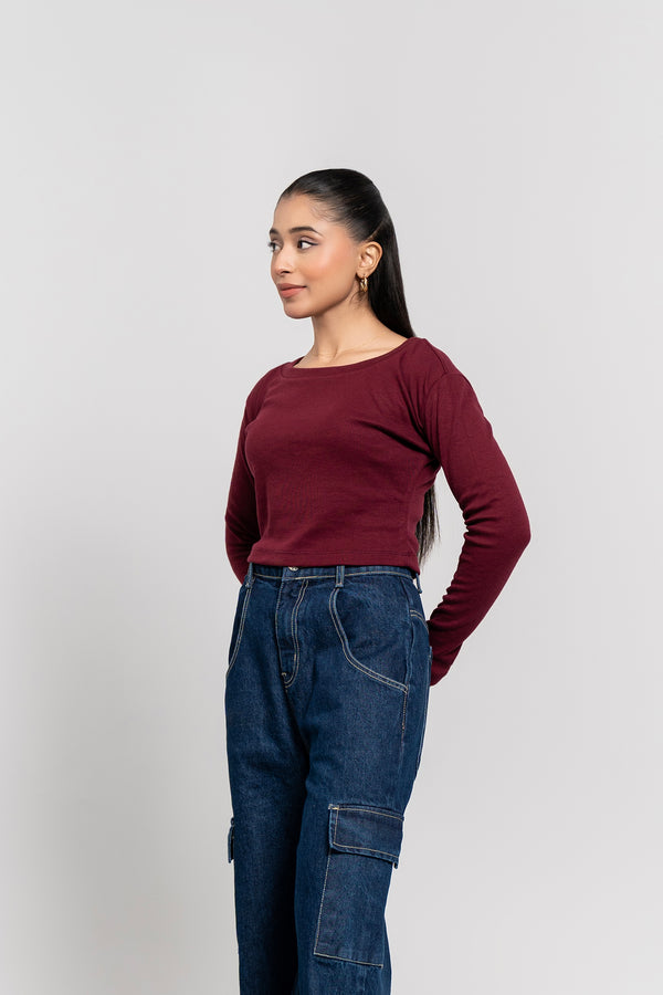 Square Neck Cropped Top - Maroon