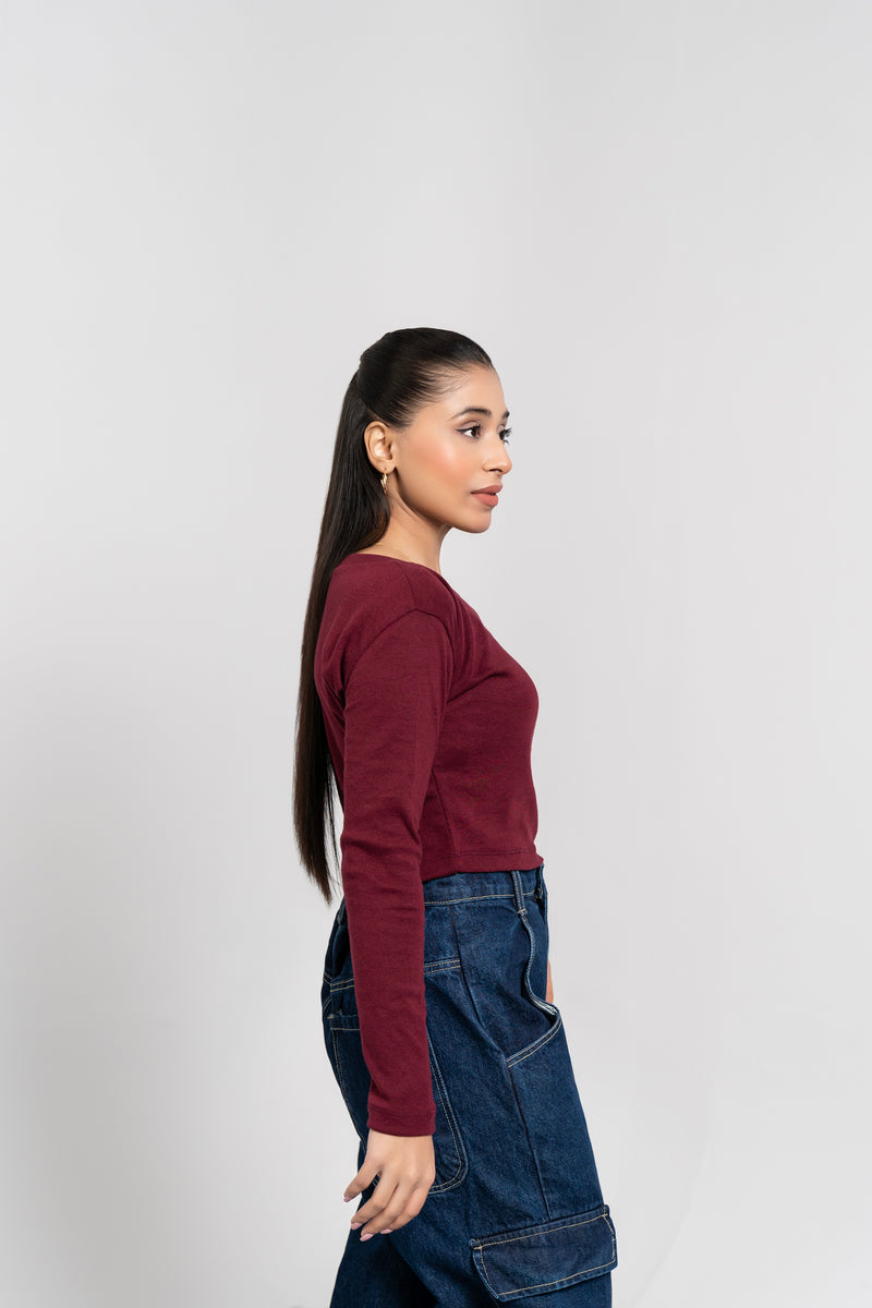 Square Neck Cropped Top - Maroon