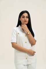 V Neck Top with Golden Button - White