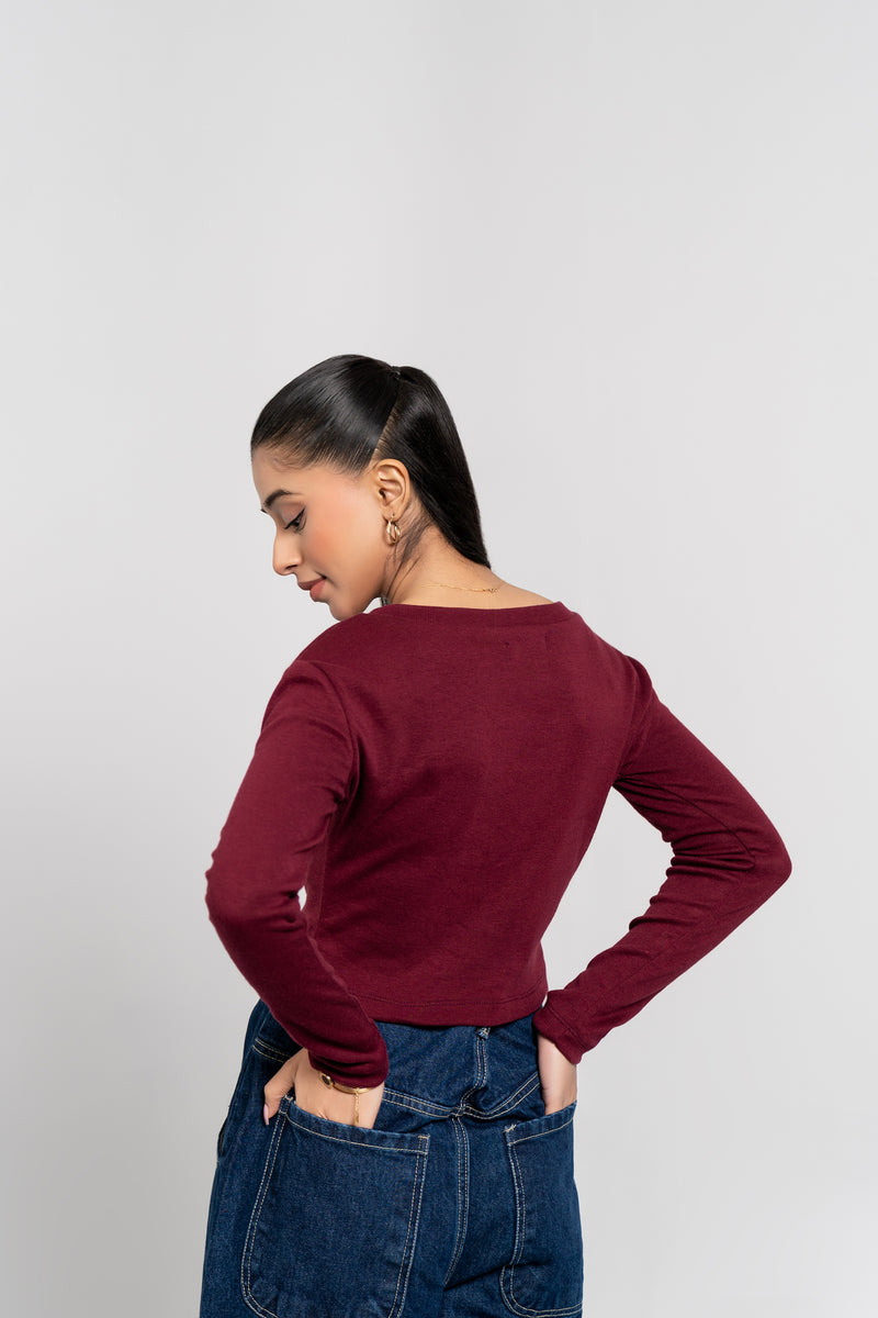 Square Neck Cropped Top - Maroon