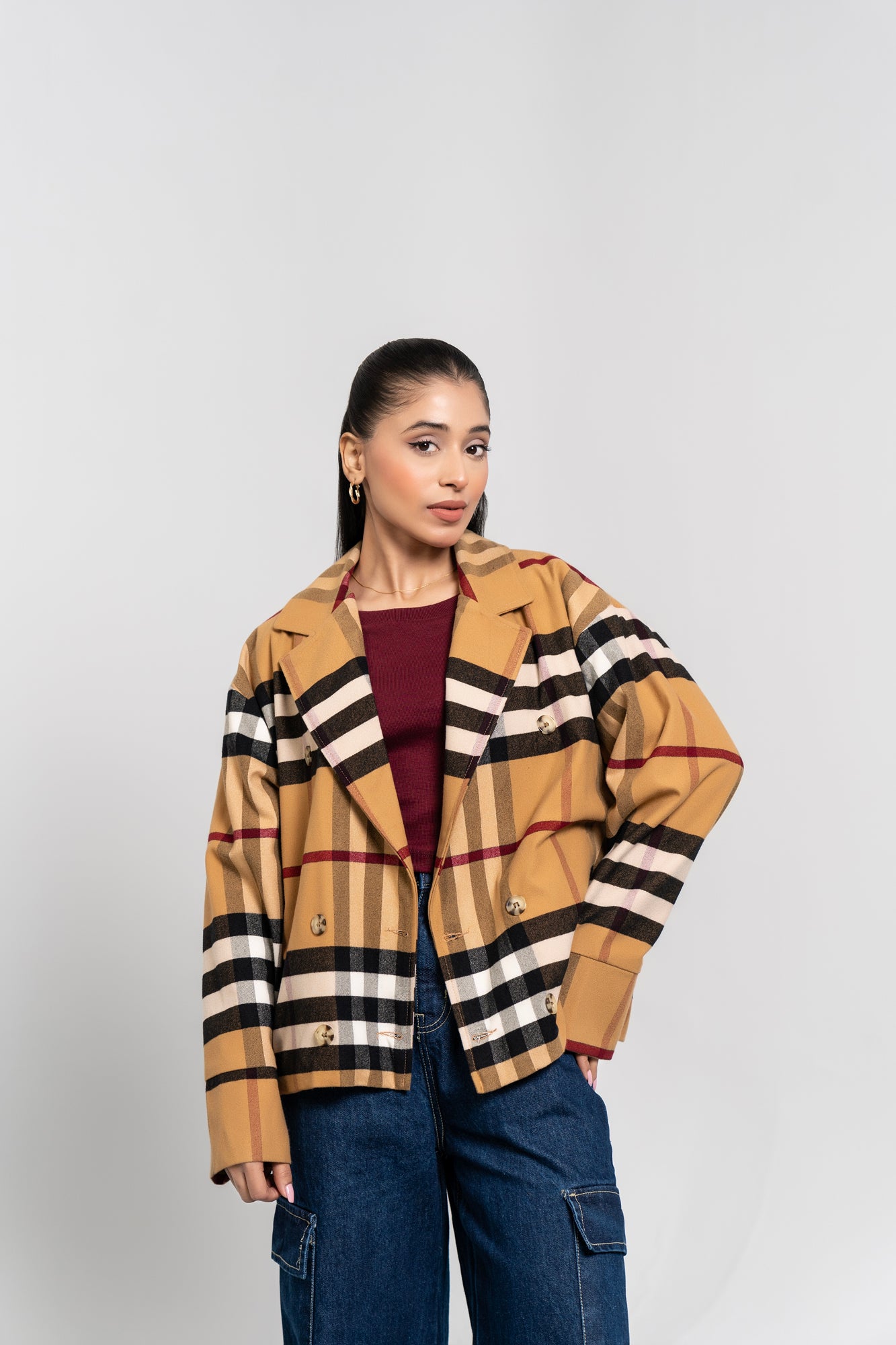 Double Breasted Wool Jacket - Camel Check