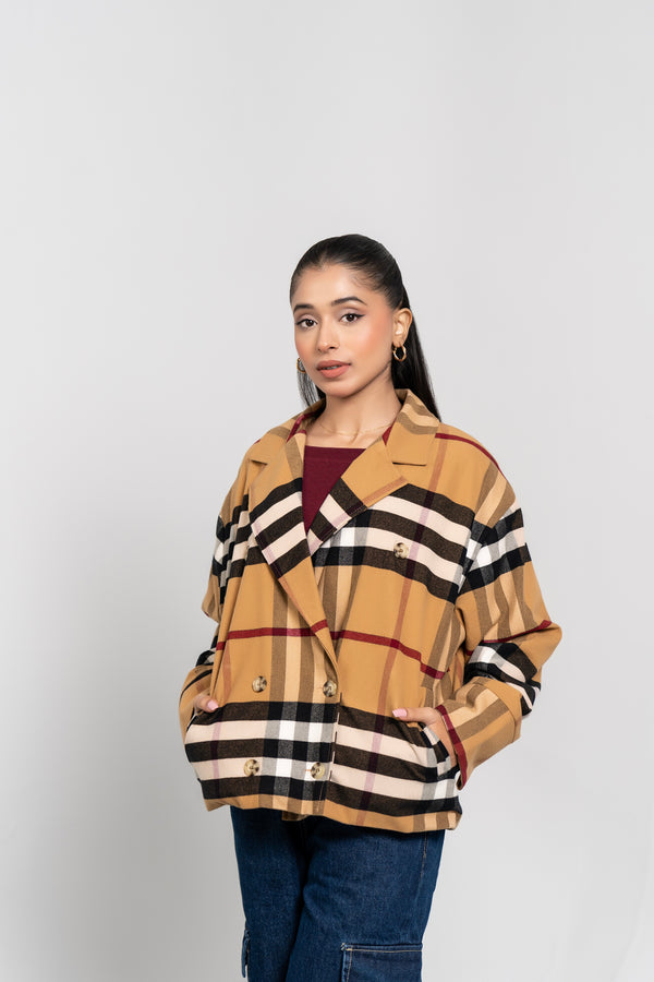 Double Breasted Wool Jacket - Camel Check