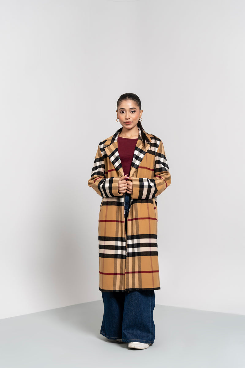 Double Breasted Wool Coat - Camel Check