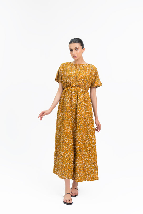 Elastic Waist Dress - Mustard Floral