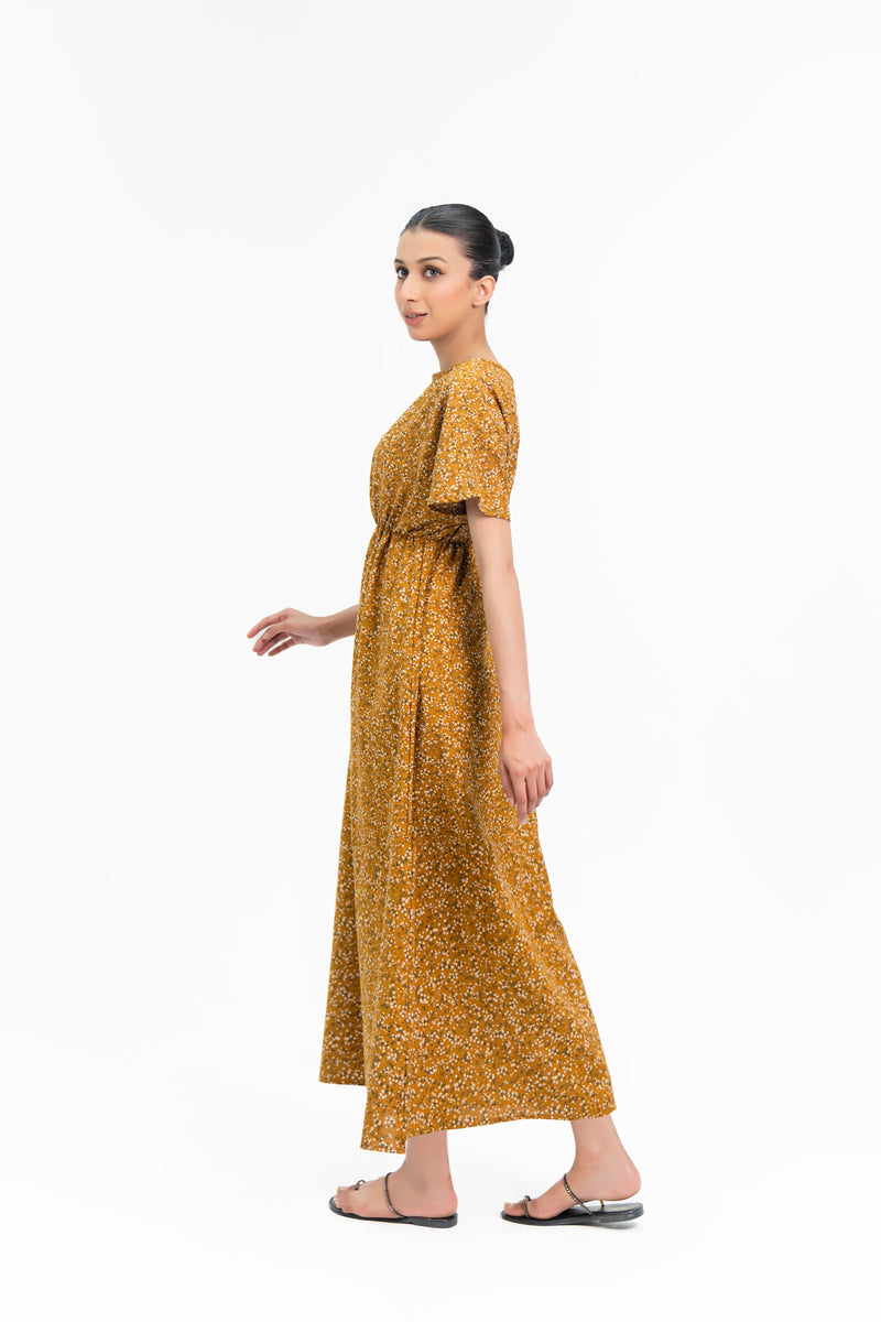 Elastic Waist Dress - Mustard Floral