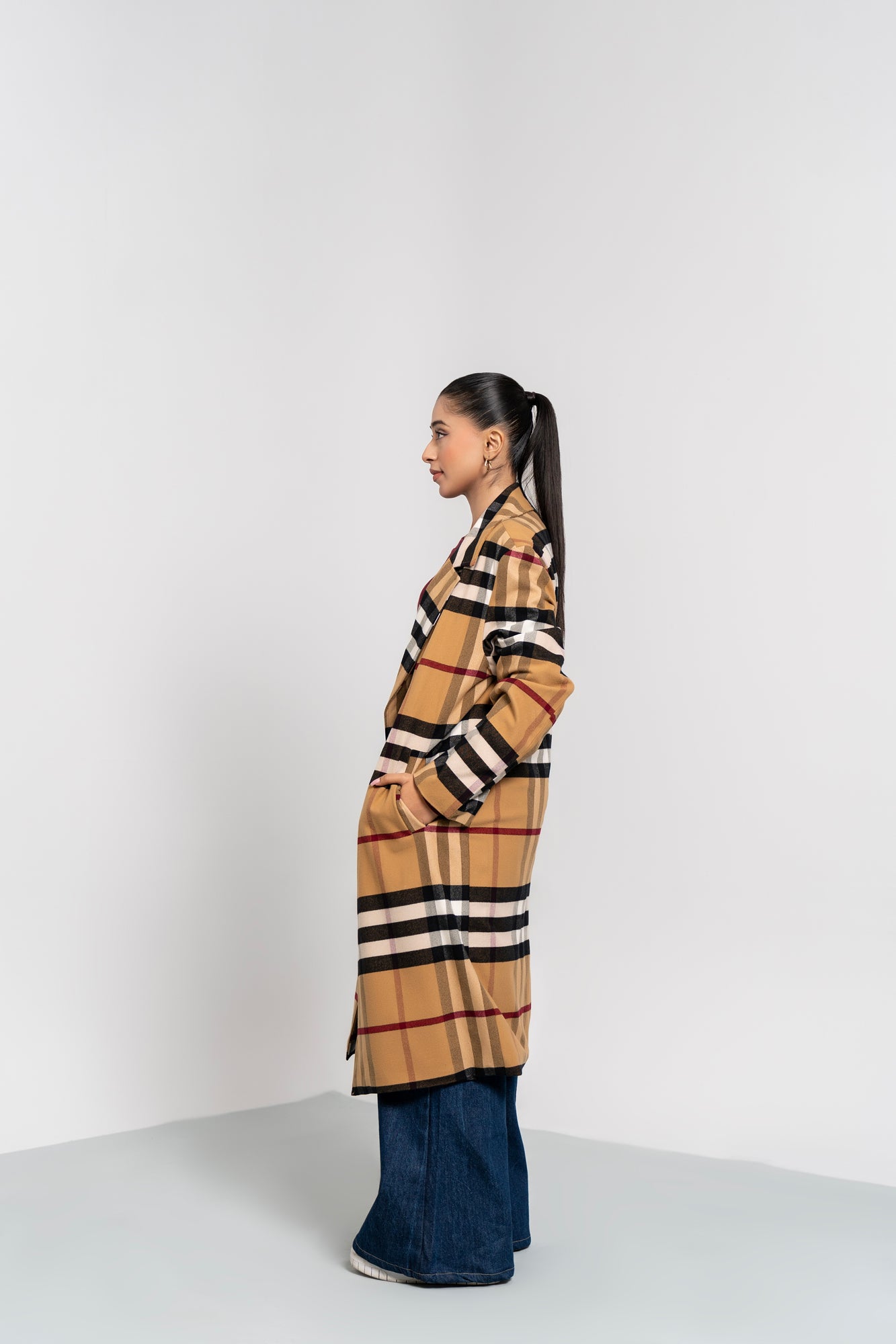 Double Breasted Wool Coat - Camel Check