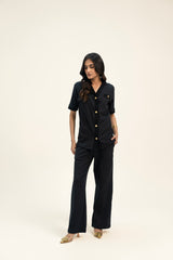 V Neck Top with Golden Button - Black