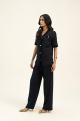 V Neck Top with Golden Button - Black