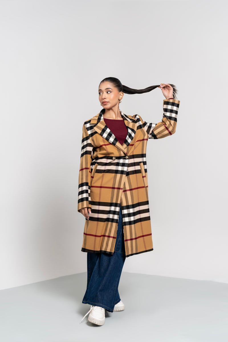 Double Breasted Wool Coat - Camel Check