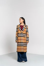 Double Breasted Wool Coat - Camel Check