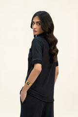 V Neck Top with Golden Button - Black