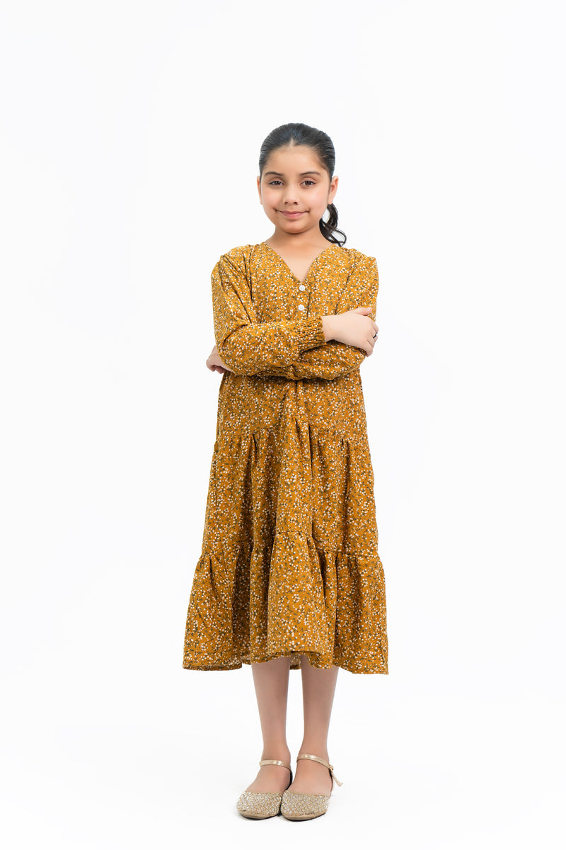 Girls V Neck Dress with Drawcord - Mustard Floral