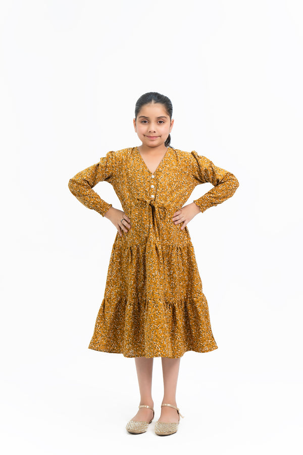 Girls V Neck Dress with Drawcord - Mustard Floral