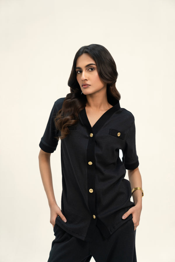 V Neck Top with Golden Button - Black