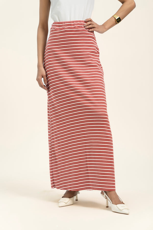 Long Knit Skirt - Red & White Shadow Stripes