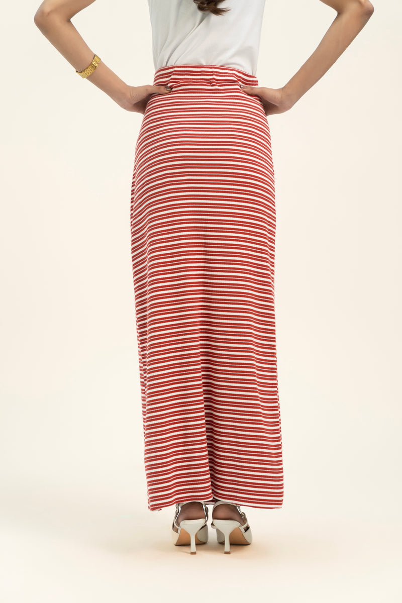 Long Knit Skirt - Red & White Shadow Stripes