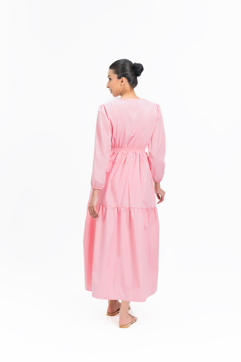 Tie Neck Elastic Waist Dress - Light Pink