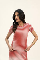 Short Sleeve Cropped Top - Red & White Shadow Stripes