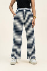 Wide Leg Pant in Interlock - Navy Blue White Striped