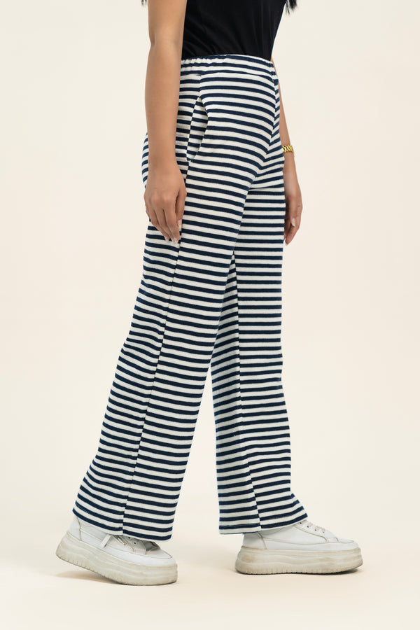 Wide Leg Pant in Interlock - Navy Blue White Striped