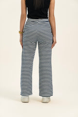 Wide Leg Pant in Interlock - Navy Blue White Striped