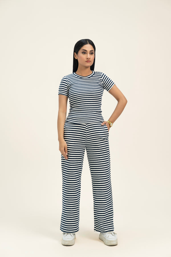 Short Sleeve Cropped Top - Navy Blue White Striped