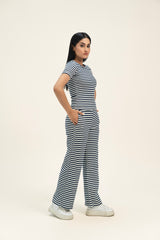 Short Sleeve Cropped Top - Navy Blue White Striped