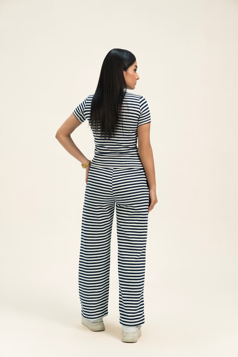 Short Sleeve Cropped Top - Navy Blue White Striped