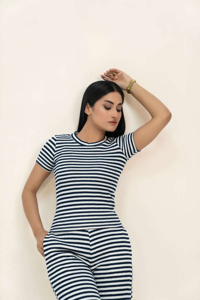 Short Sleeve Cropped Top - Navy Blue White Striped