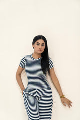 Short Sleeve Cropped Top - Navy Blue White Striped