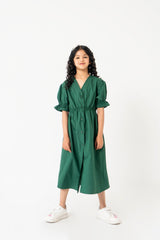Girls Front Button Maxi Dress - Green