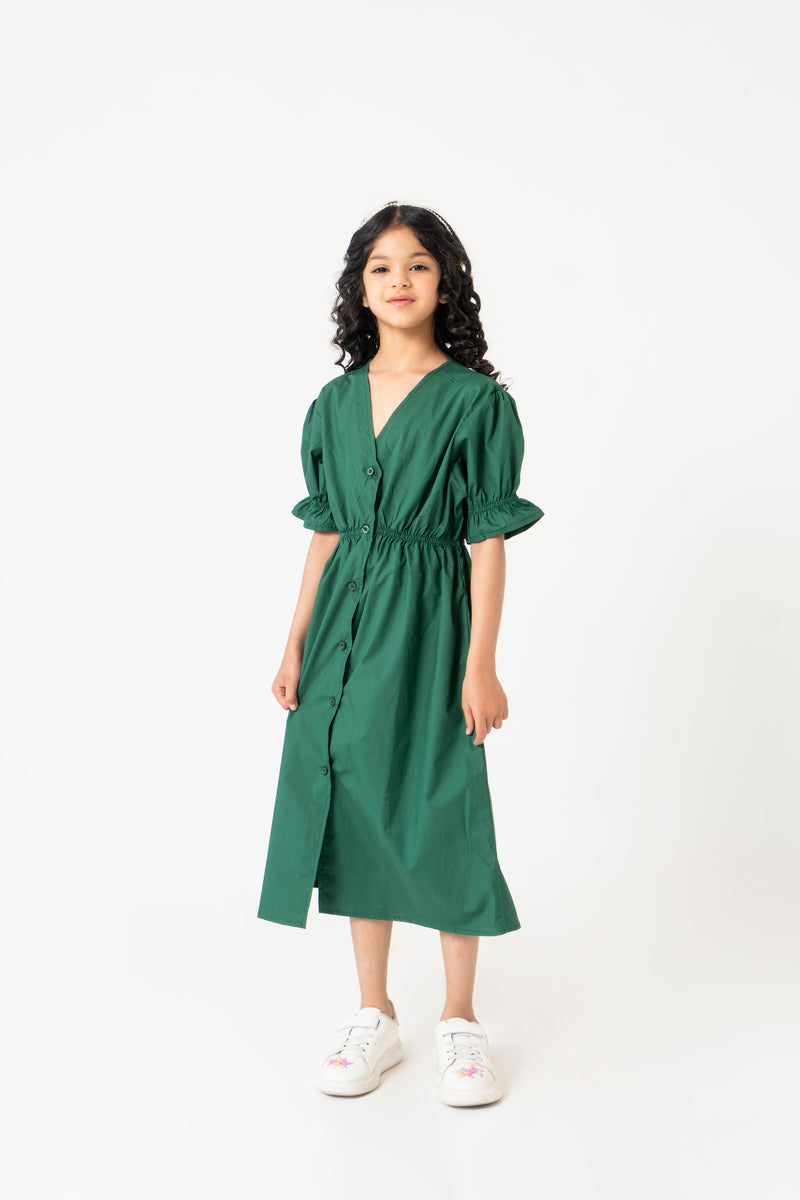 Girls Front Button Maxi Dress - Green