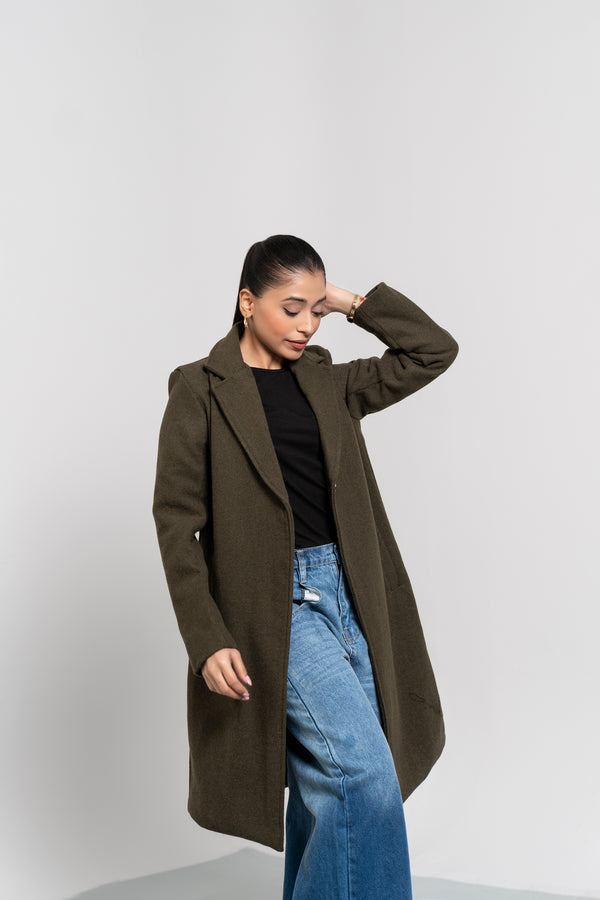 Classic One-Button Wool Coat - Green