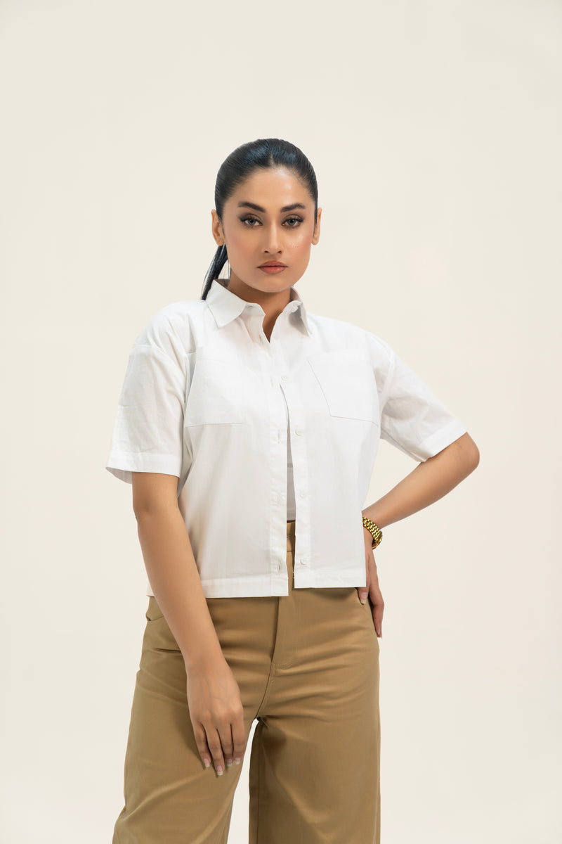 Cropped Boxy Pocket Fit Shirt - White