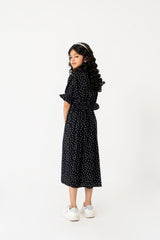 Girls Front Button Maxi Dress - Black White Dotted